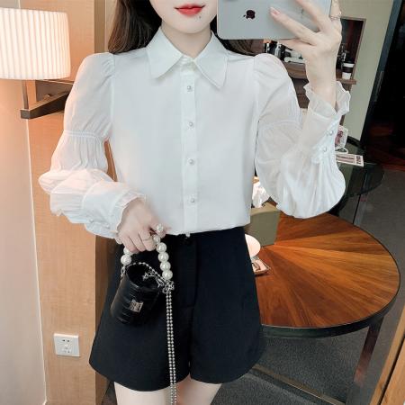 FA46919# 法式小众长袖纯色衬衫女秋季新款设计感珍珠领泡泡袖雪纺衫 服裝批發女裝批發服飾貨源