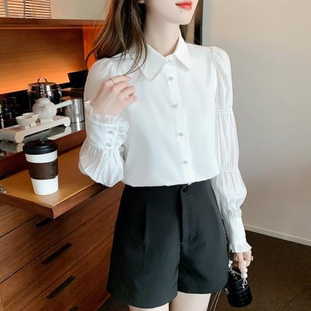 FA46919# 法式小众长袖纯色衬衫女秋季新款设计感珍珠领泡泡袖雪纺衫 服裝批發女裝批發服飾貨源