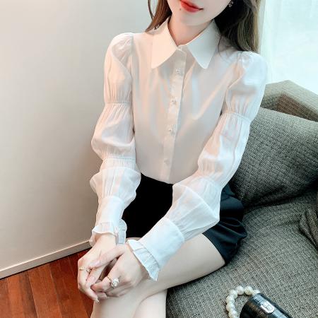 FA46919# 法式小众长袖纯色衬衫女秋季新款设计感珍珠领泡泡袖雪纺衫 服裝批發女裝批發服飾貨源