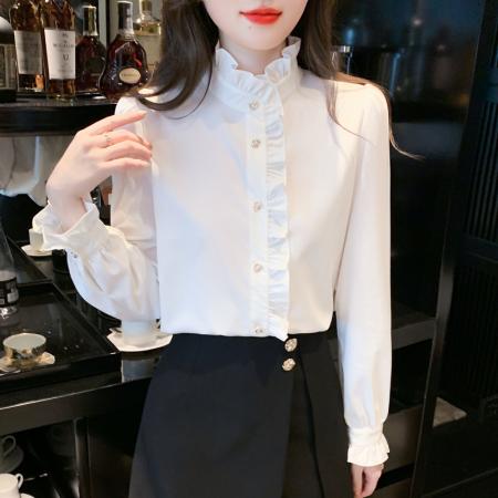 FA46920# 法式立领荷叶边蕾丝雪纺衬衫洋气别致木耳边高领微透喇叭袖上衣 服裝批發女裝批發服飾貨源