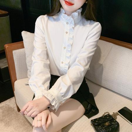 FA46920# 法式立领荷叶边蕾丝雪纺衬衫洋气别致木耳边高领微透喇叭袖上衣 服裝批發女裝批發服飾貨源