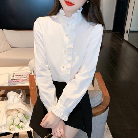 FA46920# 法式立领荷叶边蕾丝雪纺衬衫洋气别致木耳边高领微透喇叭袖上衣 服裝批發女裝批發服飾貨源