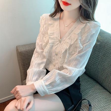 FA46921# 法式蕾丝花边v领衬衫女秋季新款韩版气质设计感蕾丝衫上衣 服裝批發女裝批發服飾貨源