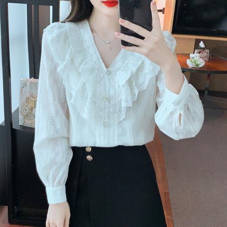 FA46921# 法式蕾丝花边v领衬衫女秋季新款韩版气质设计感蕾丝衫上衣 服裝批發女裝批發服飾貨源