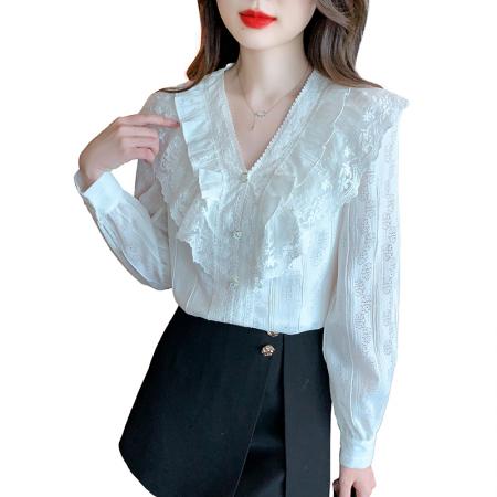 FA46921# 法式蕾丝花边v领衬衫女秋季新款韩版气质设计感蕾丝衫上衣 服裝批發女裝批發服飾貨源