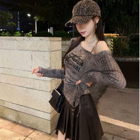 FA46922# 抽绳印花露肩长袖T恤女秋季辣妹修身显瘦上衣 服裝批發女裝批發服飾貨源