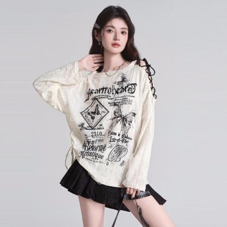 FA46923# 长袖T恤女美式露肩破洞宽松辣妹y2k防晒罩衫上衣 服裝批發女裝批發服飾貨源