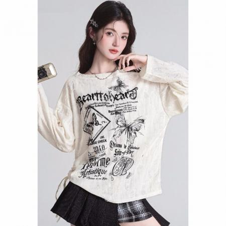 FA46923# 长袖T恤女美式露肩破洞宽松辣妹y2k防晒罩衫上衣 服裝批發女裝批發服飾貨源