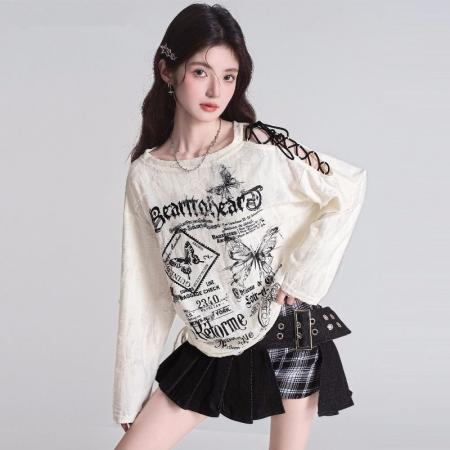 FA46923# 长袖T恤女美式露肩破洞宽松辣妹y2k防晒罩衫上衣 服裝批發女裝批發服飾貨源