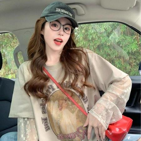 FA46927# 美式假两件长袖T恤女秋季新款复古设计感宽松慵懒风蕾丝拼接上衣 服裝批發女裝批發服飾貨源