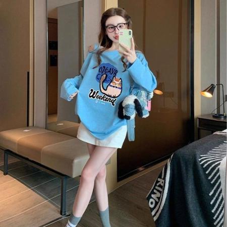 FA46928# 大码女装露肩长袖t恤新款秋季美式慵懒宽松打底衫斜肩上衣ins 服裝批發女裝批發服飾貨源