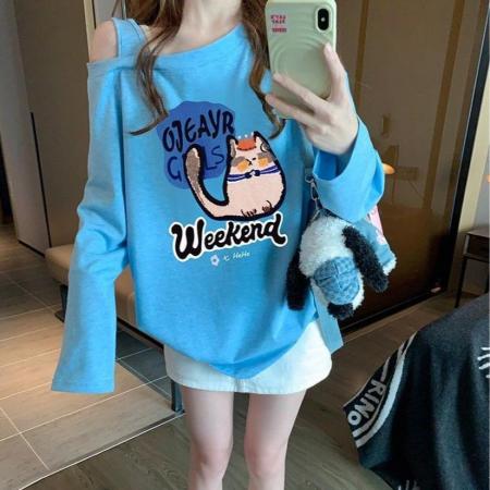 FA46928# 大码女装露肩长袖t恤新款秋季美式慵懒宽松打底衫斜肩上衣ins 服裝批發女裝批發服飾貨源