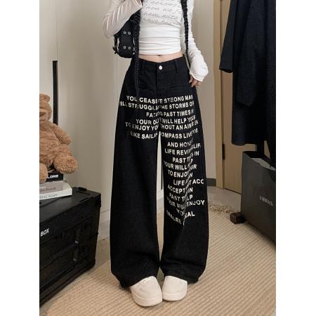 FA46929# 美式复古设计感字母印花弯刀牛仔裤女松弛感阔腿裤 服裝批發女裝批發服飾貨源
