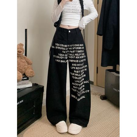 FA46929# 美式复古设计感字母印花弯刀牛仔裤女松弛感阔腿裤 服裝批發女裝批發服飾貨源
