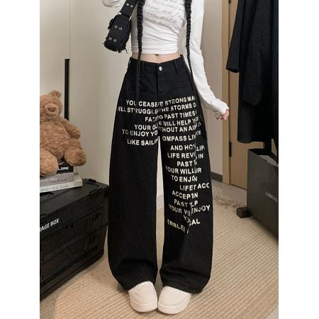 FA46929# 美式复古设计感字母印花弯刀牛仔裤女松弛感阔腿裤 服裝批發女裝批發服飾貨源