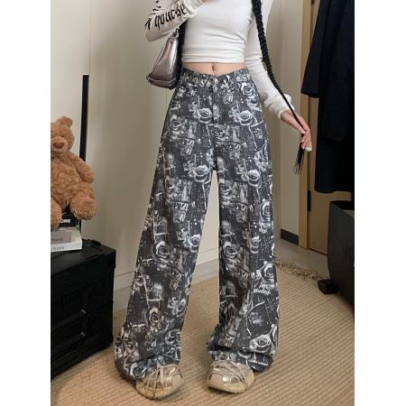 FA46931# 美式复古玫瑰印花阔腿牛仔裤高级感宽松拖地阔腿裤 服裝批發女裝批發服飾貨源
