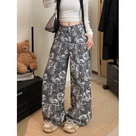 FA46931# 美式复古玫瑰印花阔腿牛仔裤高级感宽松拖地阔腿裤 服裝批發女裝批發服飾貨源