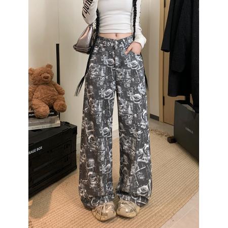 FA46931# 美式复古玫瑰印花阔腿牛仔裤高级感宽松拖地阔腿裤 服裝批發女裝批發服飾貨源