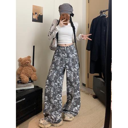 FA46931# 美式复古玫瑰印花阔腿牛仔裤高级感宽松拖地阔腿裤 服裝批發女裝批發服飾貨源