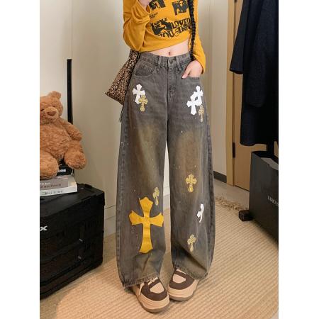 FA46932# 美式重工十字架拼皮钉珠高腰弯刀牛仔裤 服裝批發女裝批發服飾貨源