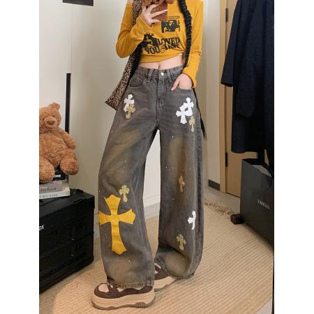 FA46932# 美式重工十字架拼皮钉珠高腰弯刀牛仔裤 服裝批發女裝批發服飾貨源
