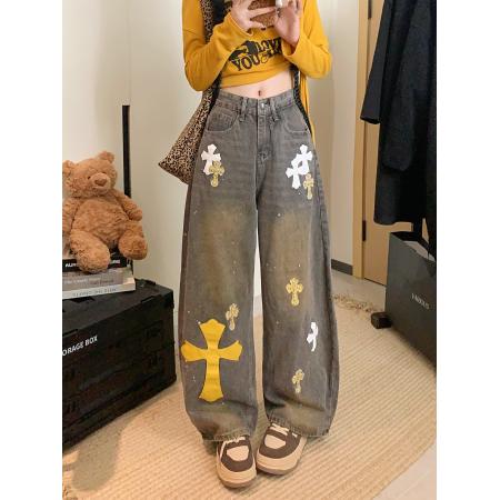 FA46932# 美式重工十字架拼皮钉珠高腰弯刀牛仔裤 服裝批發女裝批發服飾貨源