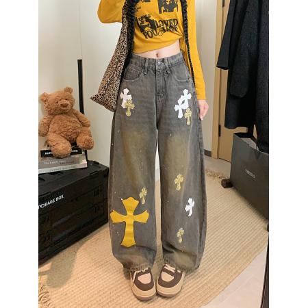 FA46932# 美式重工十字架拼皮钉珠高腰弯刀牛仔裤 服裝批發女裝批發服飾貨源