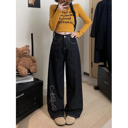 FA46933# 字母刺绣弯刀牛仔裤美式松弛感宽松直筒阔腿裤 服裝批發女裝批發服飾貨源