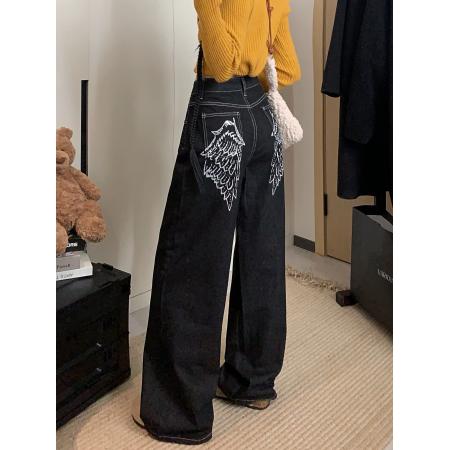 FA46933# 字母刺绣弯刀牛仔裤美式松弛感宽松直筒阔腿裤 服裝批發女裝批發服飾貨源