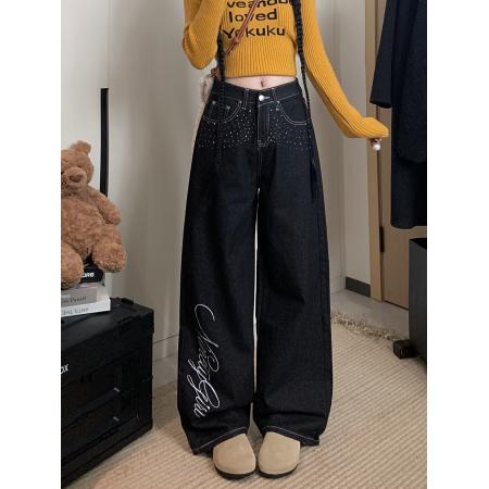 FA46933# 字母刺绣弯刀牛仔裤美式松弛感宽松直筒阔腿裤 服裝批發女裝批發服飾貨源