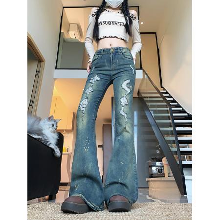 FA46936# 复古辣妹破洞水洗牛仔裤女微喇裤显瘦显高马蹄长裤 服裝批發女裝批發服飾貨源