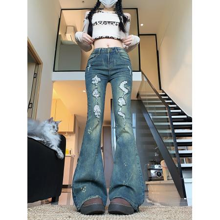 FA46936# 复古辣妹破洞水洗牛仔裤女微喇裤显瘦显高马蹄长裤 服裝批發女裝批發服飾貨源