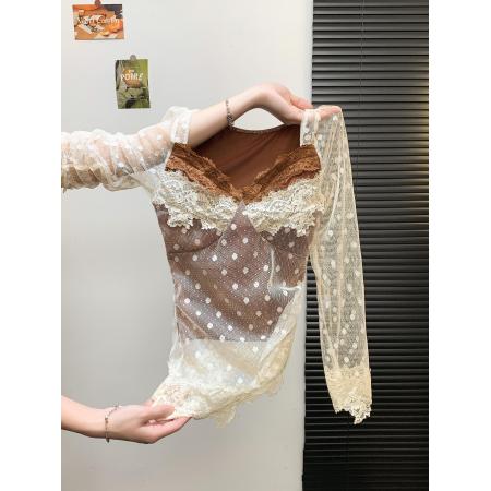 FA46937# 纯欲风复古拼接镂空勾花波点长袖蕾丝衫不规则修身漂亮上衣 服裝批發女裝批發服飾貨源