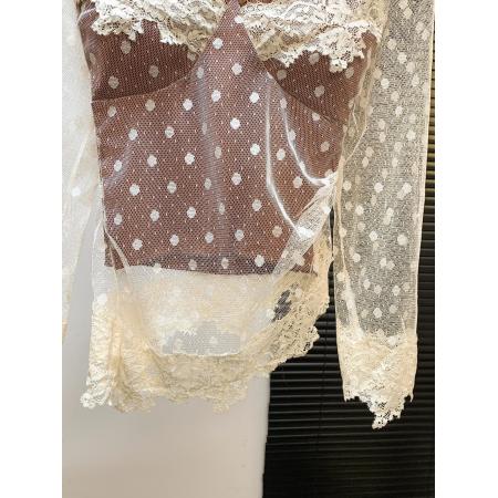 FA46937# 纯欲风复古拼接镂空勾花波点长袖蕾丝衫不规则修身漂亮上衣 服裝批發女裝批發服飾貨源