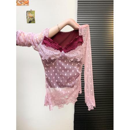 FA46937# 纯欲风复古拼接镂空勾花波点长袖蕾丝衫不规则修身漂亮上衣 服裝批發女裝批發服飾貨源