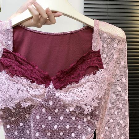 FA46937# 纯欲风复古拼接镂空勾花波点长袖蕾丝衫不规则修身漂亮上衣 服裝批發女裝批發服飾貨源