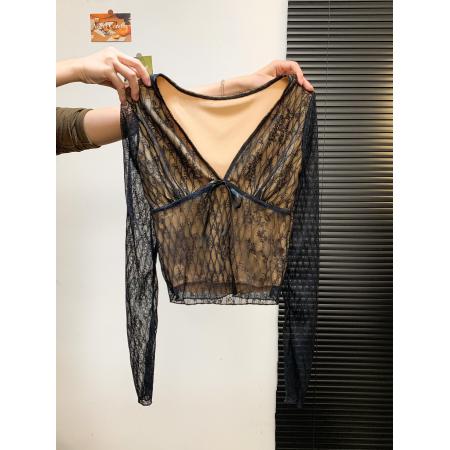 FA46938# 复古设计V领蝴蝶结蕾丝衫女收腰显瘦长袖上衣 服裝批發女裝批發服飾貨源