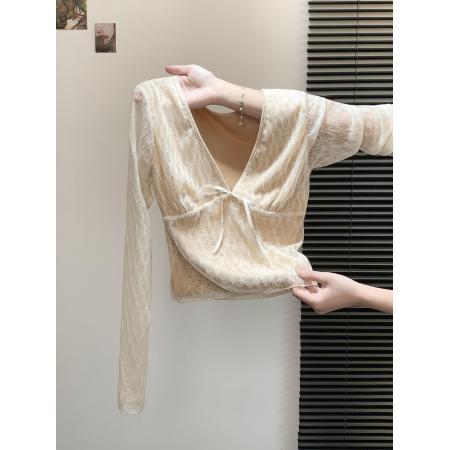 FA46938# 复古设计V领蝴蝶结蕾丝衫女收腰显瘦长袖上衣 服裝批發女裝批發服飾貨源