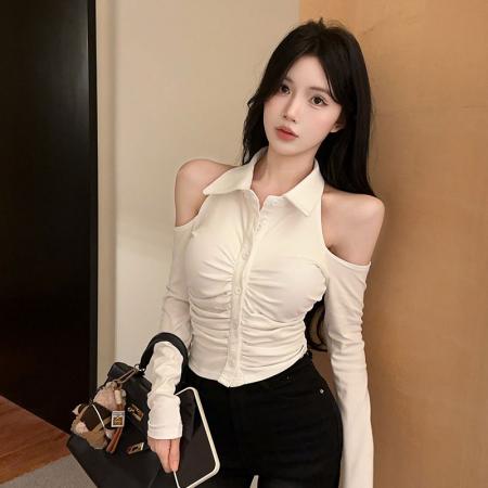 FA46944# 设计感甜美辣妹露肩收褶polo领长袖短款百搭打底衫女 服裝批發女裝批發服飾貨源