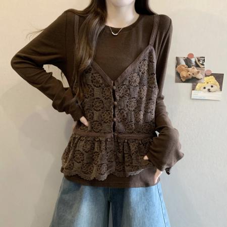 FA46945# MM秋冬新款时尚百搭宽松显瘦弹力针织拼接蕾丝长袖假两件上衣女 服裝批發女裝批發服飾貨源