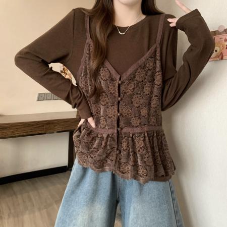 FA46945# MM秋冬新款时尚百搭宽松显瘦弹力针织拼接蕾丝长袖假两件上衣女 服裝批發女裝批發服飾貨源