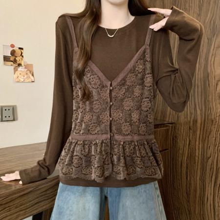 FA46945# MM秋冬新款时尚百搭宽松显瘦弹力针织拼接蕾丝长袖假两件上衣女 服裝批發女裝批發服飾貨源