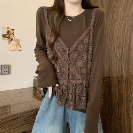 FA46945# MM秋冬新款时尚百搭宽松显瘦弹力针织拼接蕾丝长袖假两件上衣女 服裝批發女裝批發服飾貨源