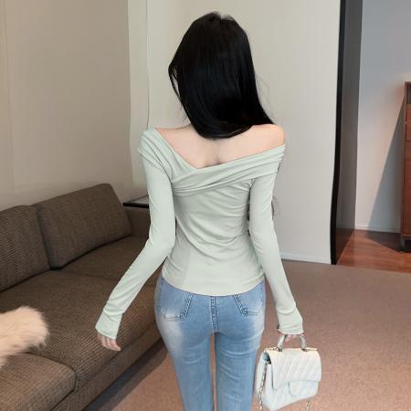 FA46947# 性感纯欲辣妹气质斜肩长袖T恤衫纯色交叉V领露肩打底衫上衣 服裝批發女裝批發服飾貨源