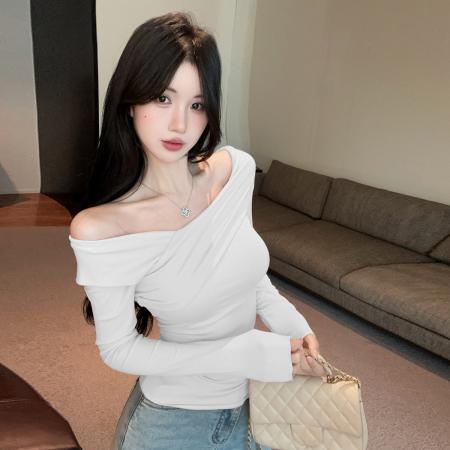 FA46947# 性感纯欲辣妹气质斜肩长袖T恤衫纯色交叉V领露肩打底衫上衣 服裝批發女裝批發服飾貨源