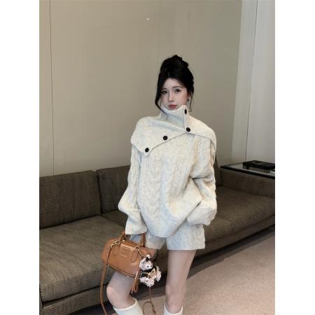 FA46949# 新款慵懒毛衣套装复古麻花针织上衣短裤围巾三件套 服裝批發女裝批發服飾貨源