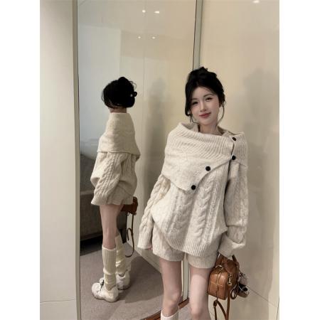 FA46949# 新款慵懒毛衣套装复古麻花针织上衣短裤围巾三件套 服裝批發女裝批發服飾貨源