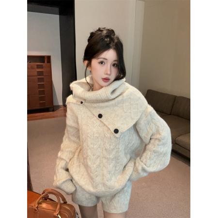 FA46949# 新款慵懒毛衣套装复古麻花针织上衣短裤围巾三件套 服裝批發女裝批發服飾貨源