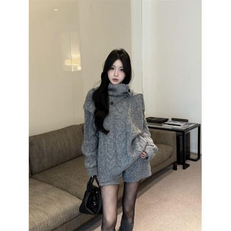 FA46949# 新款慵懒毛衣套装复古麻花针织上衣短裤围巾三件套 服裝批發女裝批發服飾貨源