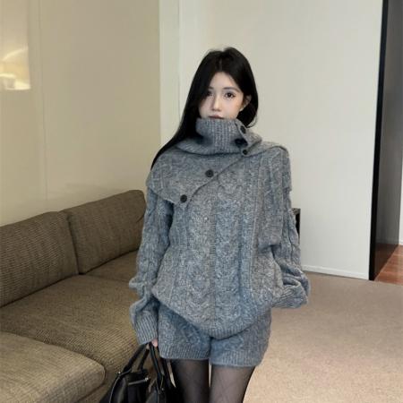 FA46949# 新款慵懒毛衣套装复古麻花针织上衣短裤围巾三件套 服裝批發女裝批發服飾貨源